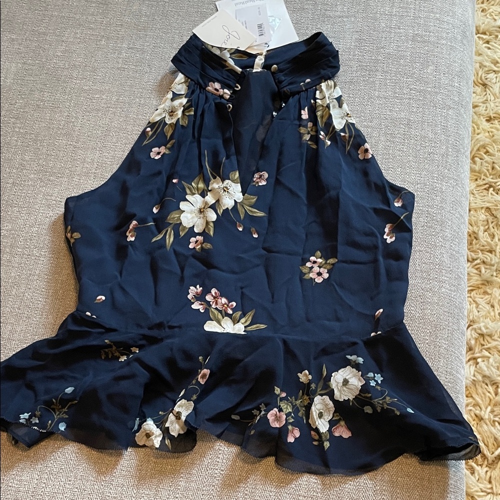 NWT! Joie Navy Blue Abbigayl Floral Silk Peplum Top - Picture 3 of 6